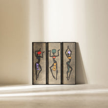 Load image into Gallery viewer, A set of three wooden wall hangings featuring handcrafted natural wood with anthracite wood varnish and hand-painted figures of African dancers.