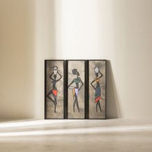 Load image into Gallery viewer, A set of three handcrafted wooden wall hangings featuring stylized female figures in anthracite color with geometric patterns and details in contrasting colors.