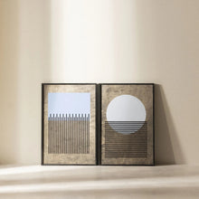 Load image into Gallery viewer, Two wooden wall decor hangings with geometric patterns, one with horizontal lines and the other with a central circular motif.