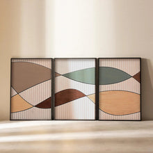Load image into Gallery viewer, A set of three wooden wall hangings with geometric pastel designs