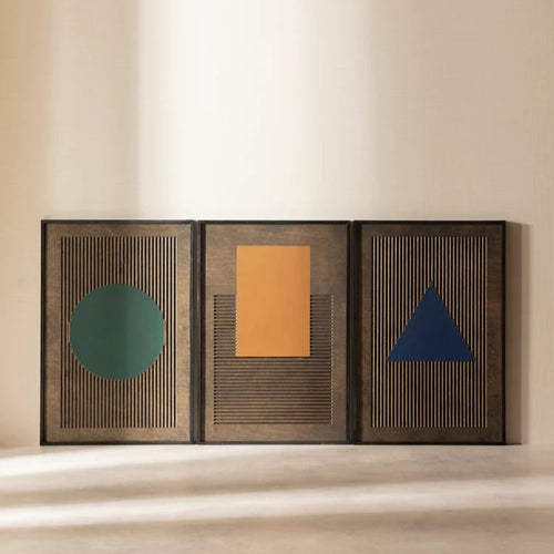 Three abstract wall art pieces with geometric shapes