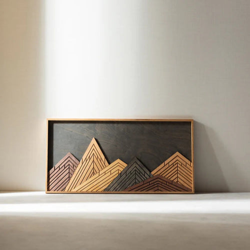 Wooden wall art with mountain design